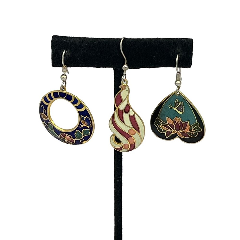 Vintage Cloisonné Enamel Earrings Set Of 3 - Floral Bird & Heart Designs